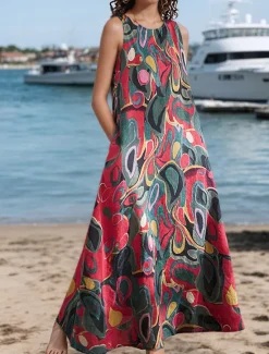Clearance Women's Maxi Dress A Line Dress Summer Dress Boho Daily Holiday Regular Fit Graphic Color Block Sleeveless Crew Neck Pink Red Green Summer Women Floral Dresses