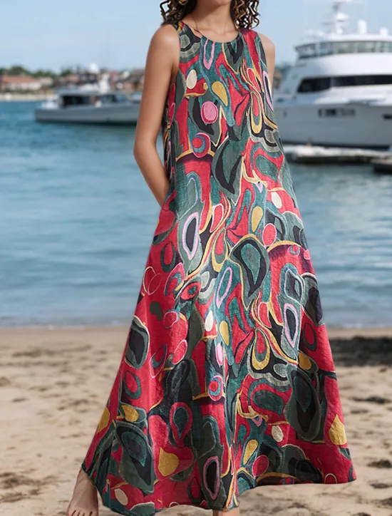 Clearance Women's Maxi Dress A Line Dress Summer Dress Boho Daily Holiday Regular Fit Graphic Color Block Sleeveless Crew Neck Pink Red Green Summer Women Floral Dresses