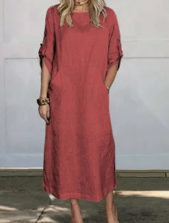 New Women's Maxi Dress A Line Dress Summer Dress Linen Casual Daily Regular Fit Graphic Plain 3/4 Length Sleeve Crew Neck Black White Red Blue Summer Women Shirts