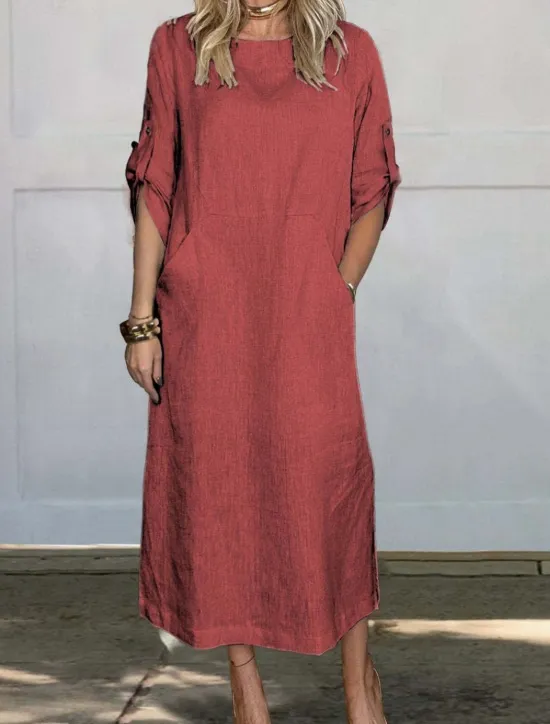 New Women's Maxi Dress A Line Dress Summer Dress Linen Casual Daily Regular Fit Graphic Plain 3/4 Length Sleeve Crew Neck Black White Red Blue Summer Women Shirts
