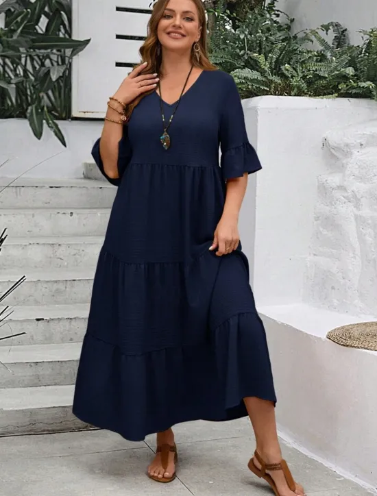 New Women's Maxi Dress A Line Dress Vacation Casual Beach Daily Holiday Date Plain Half Sleeve V Neck Navy Black Ivory Yellow Summer Women Casual Dress