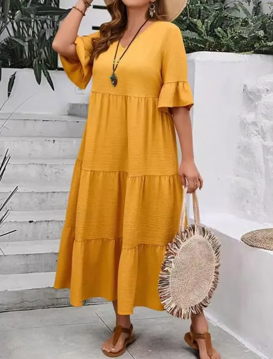 New Women's Maxi Dress A Line Dress Vacation Casual Beach Daily Holiday Date Plain Half Sleeve V Neck Navy Black Ivory Yellow Summer Women Casual Dress