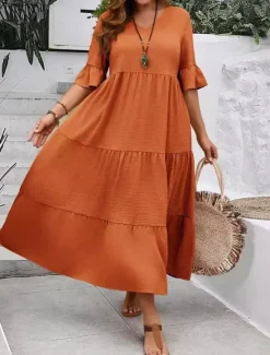 New Women's Maxi Dress A Line Dress Vacation Casual Beach Daily Holiday Date Plain Half Sleeve V Neck Navy Black Ivory Yellow Summer Women Casual Dress