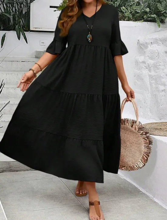 New Women's Maxi Dress A Line Dress Vacation Casual Beach Daily Holiday Date Plain Half Sleeve V Neck Navy Black Ivory Yellow Summer Women Casual Dress