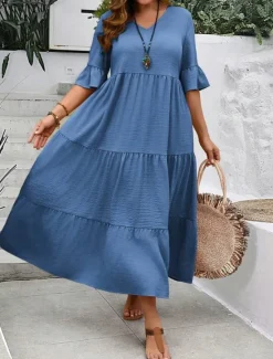 New Women's Maxi Dress A Line Dress Vacation Casual Beach Daily Holiday Date Plain Half Sleeve V Neck Navy Black Ivory Yellow Summer Women Casual Dress