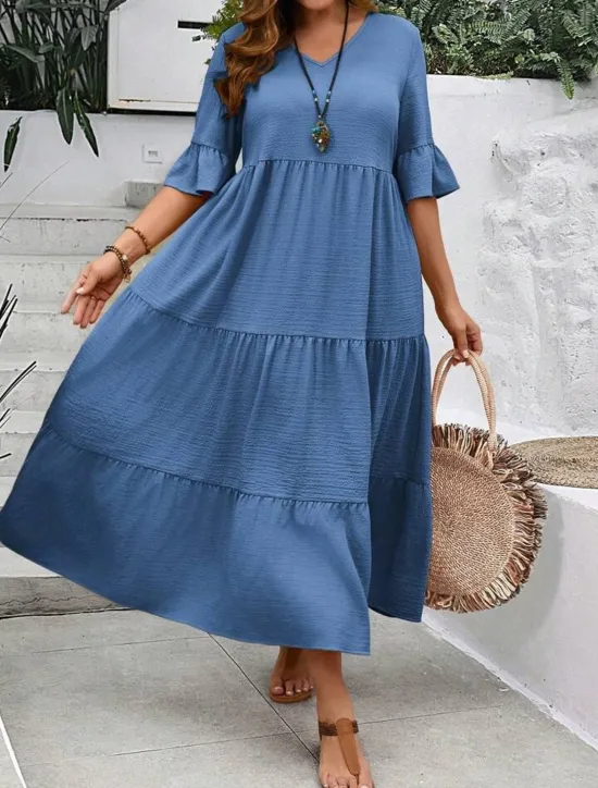 New Women's Maxi Dress A Line Dress Vacation Casual Beach Daily Holiday Date Plain Half Sleeve V Neck Navy Black Ivory Yellow Summer Women Casual Dress