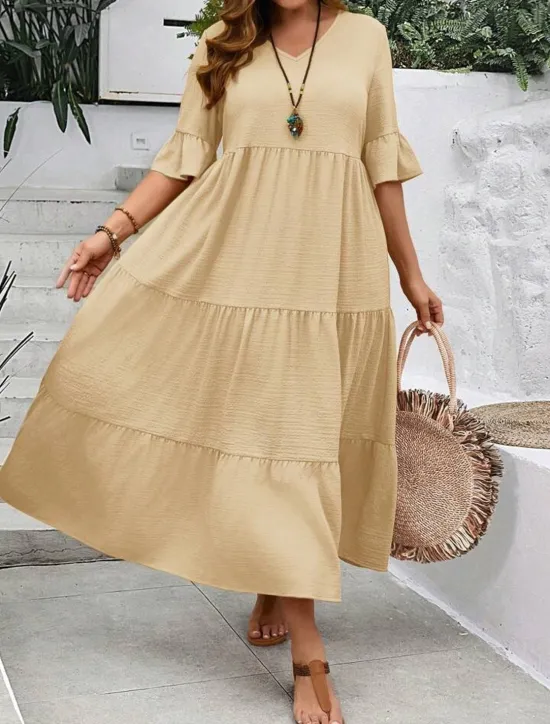 New Women's Maxi Dress A Line Dress Vacation Casual Beach Daily Holiday Date Plain Half Sleeve V Neck Navy Black Ivory Yellow Summer Women Casual Dress