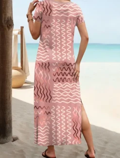 Online Women's Maxi Dress A Line Dress T Shirt Dress Tee Dress Vacation Casual Beach Regular Fit Graphic Geometric Short Sleeve Crew Neck Summer Women Casual Dress|T Shirt Dresses