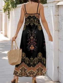 Women's Maxi Dress A Line Dress Slip Dress Vacation Casual Boho Going out Beach Regular Fit Floral Graphic Paisley Sleeveless V Neck Black Red Blue Purple Summer Spring Women Vacation Dresses