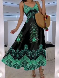 Women's Maxi Dress A Line Dress Slip Dress Vacation Casual Boho Going out Beach Regular Fit Floral Graphic Paisley Sleeveless V Neck Black Red Blue Purple Summer Spring Women Vacation Dresses
