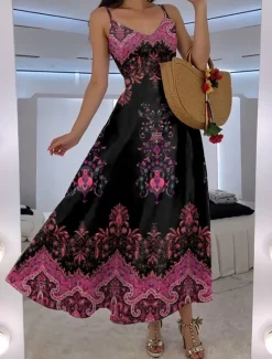 Women's Maxi Dress A Line Dress Slip Dress Vacation Casual Boho Going out Beach Regular Fit Floral Graphic Paisley Sleeveless V Neck Black Red Blue Purple Summer Spring Women Vacation Dresses