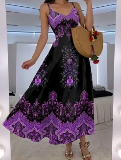 Women's Maxi Dress A Line Dress Slip Dress Vacation Casual Boho Going out Beach Regular Fit Floral Graphic Paisley Sleeveless V Neck Black Red Blue Purple Summer Spring Women Vacation Dresses