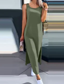 New Women's Maxi Dress A Line Dress Solid Color Tank Dress Summer Dress Basic Casual Vacation Daily Regular Fit Graphic Sleeveless Crew Neck Black White Army Green Dark Gray Summer Women Sundresses