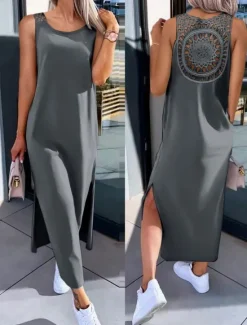 New Women's Maxi Dress A Line Dress Solid Color Tank Dress Summer Dress Basic Casual Vacation Daily Regular Fit Graphic Sleeveless Crew Neck Black White Army Green Dark Gray Summer Women Sundresses