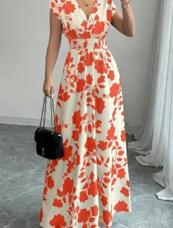 Best Women's Maxi Dress A Line Dress Vacation Casual Boho Outdoor Going out Standard Fit Floral Short Sleeve V Neck Black Red Blue Orange Summer Women Vacation Dresses|Sundresses