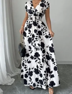 Best Women's Maxi Dress A Line Dress Vacation Casual Boho Outdoor Going out Standard Fit Floral Short Sleeve V Neck Black Red Blue Orange Summer Women Vacation Dresses|Sundresses