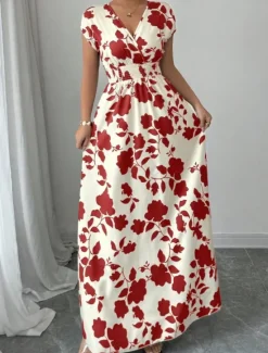Best Women's Maxi Dress A Line Dress Vacation Casual Boho Outdoor Going out Standard Fit Floral Short Sleeve V Neck Black Red Blue Orange Summer Women Vacation Dresses|Sundresses