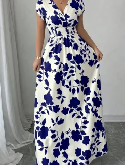 Best Women's Maxi Dress A Line Dress Vacation Casual Boho Outdoor Going out Standard Fit Floral Short Sleeve V Neck Black Red Blue Orange Summer Women Vacation Dresses|Sundresses