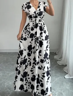 Best Women's Maxi Dress A Line Dress Vacation Casual Boho Outdoor Going out Standard Fit Floral Short Sleeve V Neck Black Red Blue Orange Summer Women Vacation Dresses|Sundresses