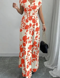 Best Women's Maxi Dress A Line Dress Vacation Casual Boho Outdoor Going out Standard Fit Floral Short Sleeve V Neck Black Red Blue Orange Summer Women Vacation Dresses|Sundresses