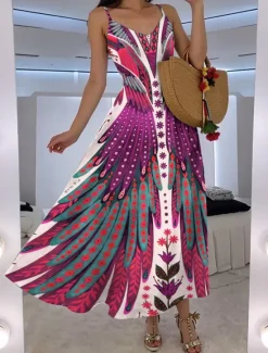 Hot Women's Maxi Dress A Line Dress Slip Dress Vacation Casual Boho Going out Beach Regular Fit Floral Graphic Feather Sleeveless V Neck Blue Orange Green Rose Pink Summer Spring Women Vacation Dresses|Floral Dresses