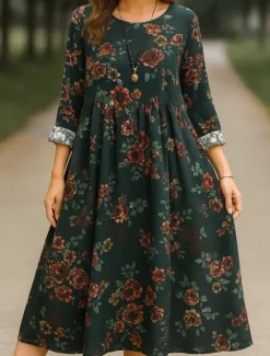 Women's Maxi Dress A Line Dress Casual Daily Regular Fit Floral Long Sleeve Crew Neck Navy Red Dark Green Brown Summer Fall Women Dresses