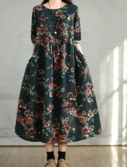 Women's Maxi Dress A Line Dress Casual Daily Regular Fit Floral Long Sleeve Crew Neck Navy Red Dark Green Brown Summer Fall Women Dresses