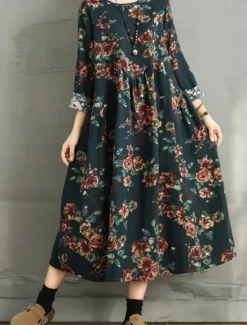 Women's Maxi Dress A Line Dress Casual Daily Regular Fit Floral Long Sleeve Crew Neck Navy Red Dark Green Brown Summer Fall Women Dresses