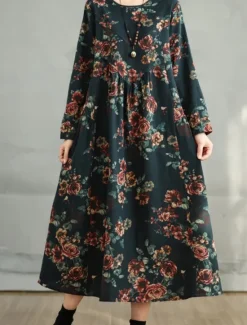 Women's Maxi Dress A Line Dress Casual Daily Regular Fit Floral Long Sleeve Crew Neck Navy Red Dark Green Brown Summer Fall Women Dresses