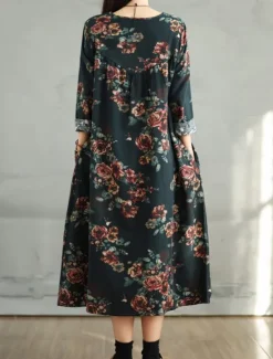 Women's Maxi Dress A Line Dress Casual Daily Regular Fit Floral Long Sleeve Crew Neck Navy Red Dark Green Brown Summer Fall Women Dresses