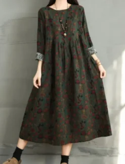 Women's Maxi Dress A Line Dress Casual Daily Regular Fit Floral Long Sleeve Crew Neck Navy Red Dark Green Brown Summer Fall Women Dresses