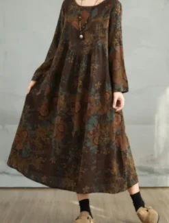 Women's Maxi Dress A Line Dress Casual Daily Regular Fit Floral Long Sleeve Crew Neck Navy Red Dark Green Brown Summer Fall Women Dresses