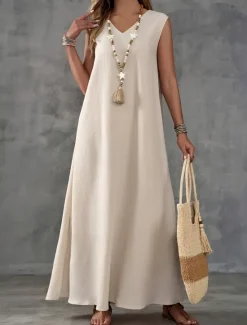 Online Women's Maxi Dress A Line Dress Summer Dress Casual Daily Regular Fit Plain Sleeveless V Neck Black White Light Purple Green Summer Women Sundresses|Casual Dress