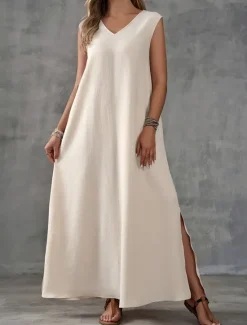 Online Women's Maxi Dress A Line Dress Summer Dress Casual Daily Regular Fit Plain Sleeveless V Neck Black White Light Purple Green Summer Women Sundresses|Casual Dress