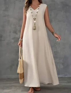 Online Women's Maxi Dress A Line Dress Summer Dress Casual Daily Regular Fit Plain Sleeveless V Neck Black White Light Purple Green Summer Women Sundresses|Casual Dress