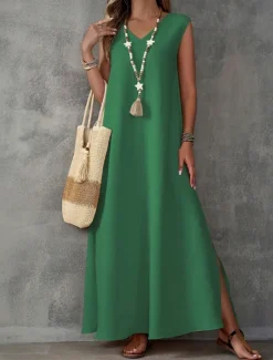 Online Women's Maxi Dress A Line Dress Summer Dress Casual Daily Regular Fit Plain Sleeveless V Neck Black White Light Purple Green Summer Women Sundresses|Casual Dress