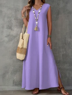 Online Women's Maxi Dress A Line Dress Summer Dress Casual Daily Regular Fit Plain Sleeveless V Neck Black White Light Purple Green Summer Women Sundresses|Casual Dress