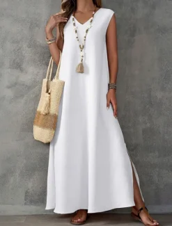 Online Women's Maxi Dress A Line Dress Summer Dress Casual Daily Regular Fit Plain Sleeveless V Neck Black White Light Purple Green Summer Women Sundresses|Casual Dress