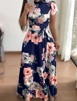 Best Women's Maxi Dress A Line Dress Vacation Casual Semi Formal Office Regular Fit Floral Short Sleeve Turtleneck Black Navy Blue Blue Summer Spring Fall Women Work Dresses|Floral Dresses