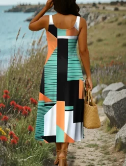 Hot Women's Maxi Dress A Line Dress Summer Dress Off The Shoulder Dress Vacation Casual Party Date Regular Fit Graphic Geometry Sleeveless Square Neck Pink Orange Gray Summer Spring Women Sundresses