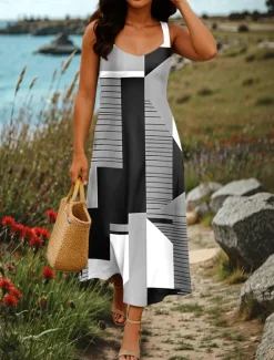 Hot Women's Maxi Dress A Line Dress Summer Dress Off The Shoulder Dress Vacation Casual Party Date Regular Fit Graphic Geometry Sleeveless Square Neck Pink Orange Gray Summer Spring Women Sundresses