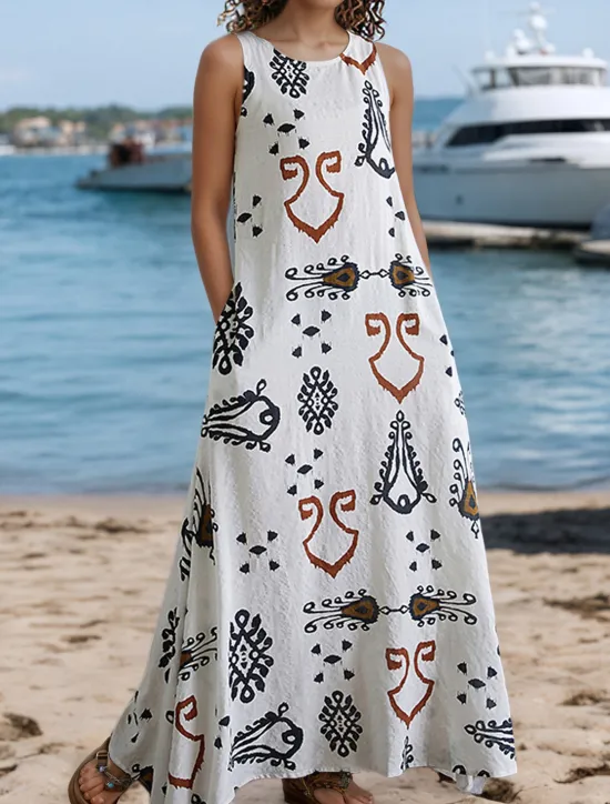 Discount Women's Maxi Dress A Line Dress Summer Dress Boho Daily Holiday Regular Fit Graphic Color Block Sleeveless Crew Neck White Khaki Beige Summer Women Floral Dresses