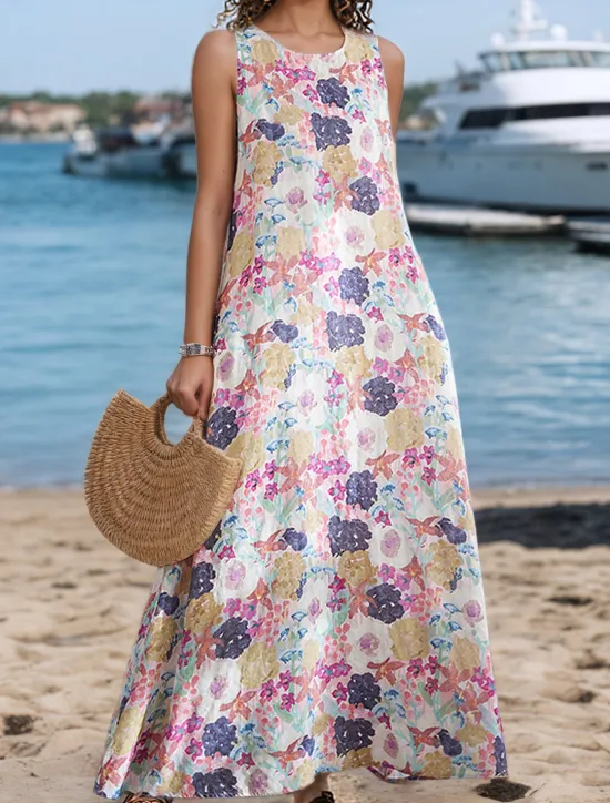 Discount Women's Maxi Dress A Line Dress Summer Dress Boho Daily Holiday Regular Fit Graphic Color Block Sleeveless Crew Neck White Khaki Beige Summer Women Floral Dresses