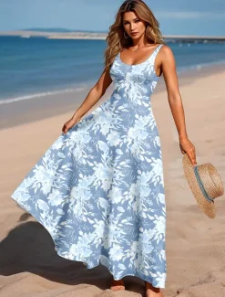 New Women's Maxi Dress A Line Dress Off The Shoulder Dress Vacation Casual Beach Party Regular Fit Floral Graphic Sleeveless Square Neck Scoop Neck Summer Spring Women Vacation Dresses