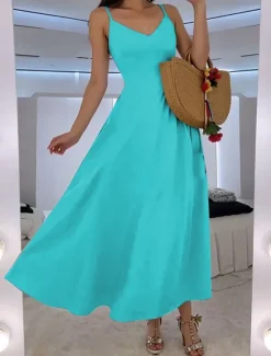 Best Women's Maxi Dress A Line Dress Slip Dress Vacation Casual Beach Wedding Outdoor Party Regular Fit Solid Color Sleeveless V Neck Black Pink Red Blue Summer Spring Women Vacation Dresses