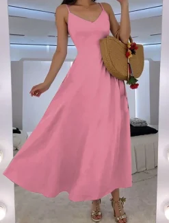 Best Women's Maxi Dress A Line Dress Slip Dress Vacation Casual Beach Wedding Outdoor Party Regular Fit Solid Color Sleeveless V Neck Black Pink Red Blue Summer Spring Women Vacation Dresses