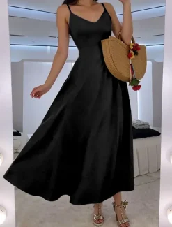 Best Women's Maxi Dress A Line Dress Slip Dress Vacation Casual Beach Wedding Outdoor Party Regular Fit Solid Color Sleeveless V Neck Black Pink Red Blue Summer Spring Women Vacation Dresses