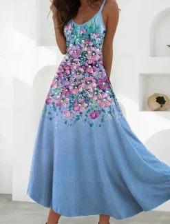 Online Women's Maxi Dress A Line Dress Slip Dress Vacation Casual Beach Going out Beach Regular Fit Floral Graphic Sleeveless V Neck Black Green Light Green Red Blue Summer Spring Women Vacation Dresses