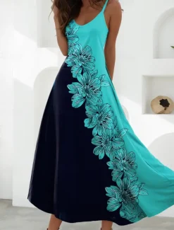 Online Women's Maxi Dress A Line Dress Slip Dress Vacation Casual Beach Going out Beach Regular Fit Floral Graphic Sleeveless V Neck Black Green Light Green Red Blue Summer Spring Women Vacation Dresses