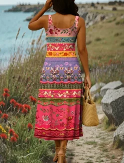 Sale Women's Maxi Dress A Line Dress Off The Shoulder Dress Vacation Casual Boho Party Going out Beach Standard Fit Graphic Tribal Sleeveless Square Neck Black White Red Blue Summer Spring Women Vacation Dresses|Floral Dresses